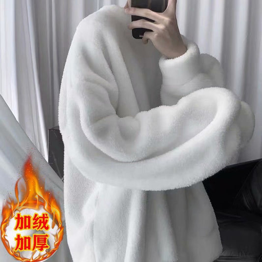 Winter Hong Kong Style Lamb Wool Sweater Men&#039;s Autumn Round Neck Loose Fleece-lined Thick Casual All-match Coat Trendy Couple&#039;s Top