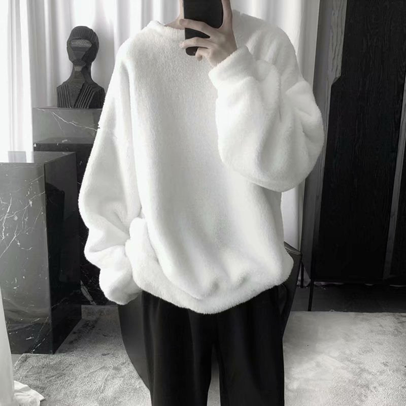 Winter Hong Kong Style Lamb Wool Sweater Men&#039;s Autumn Round Neck Loose Fleece-lined Thick Casual All-match Coat Trendy Couple&#039;s Top