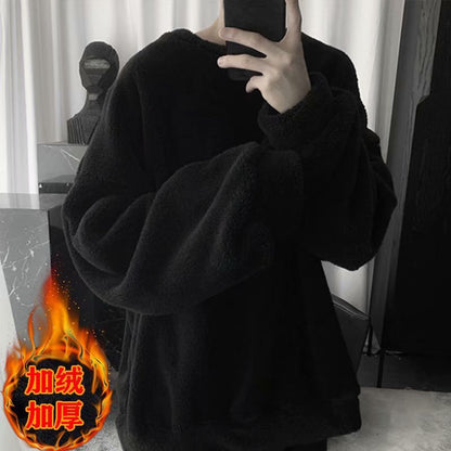 Winter Hong Kong Style Lamb Wool Sweater Men&#039;s Autumn Round Neck Loose Fleece-lined Thick Casual All-match Coat Trendy Couple&#039;s Top