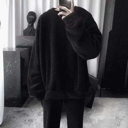 Winter Hong Kong Style Lamb Wool Sweater Men&#039;s Autumn Round Neck Loose Fleece-lined Thick Casual All-match Coat Trendy Couple&#039;s Top