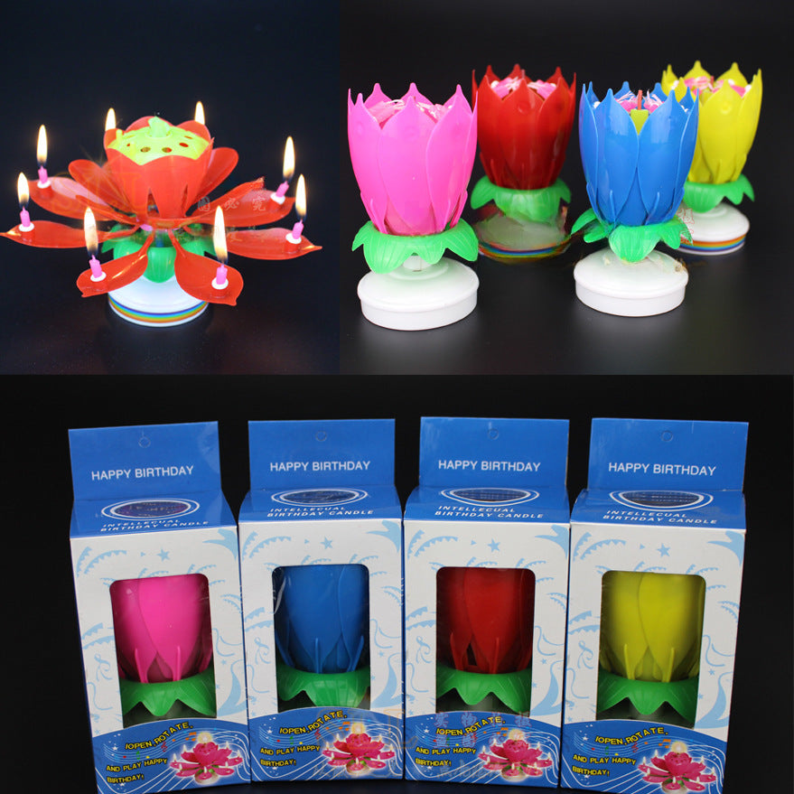 Hand-picked Lotus Flower Candle Rotating Music Artifacts Ins Style Birthday Cake Flat Bottom Electronic Lotus Flower Candle