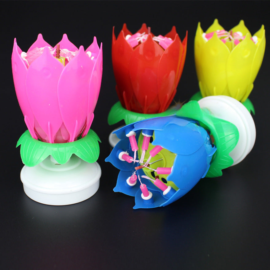 Hand-picked Lotus Flower Candle Rotating Music Artifacts Ins Style Birthday Cake Flat Bottom Electronic Lotus Flower Candle