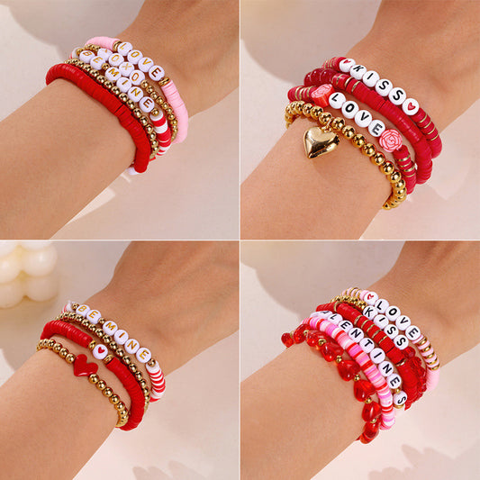 European And American Cross-border Valentine's Day Bracelet Multi-layer Stacked Wearing Pink Love Pendant Bracelet Soft Ceramic Beaded Elastic Hand Rope