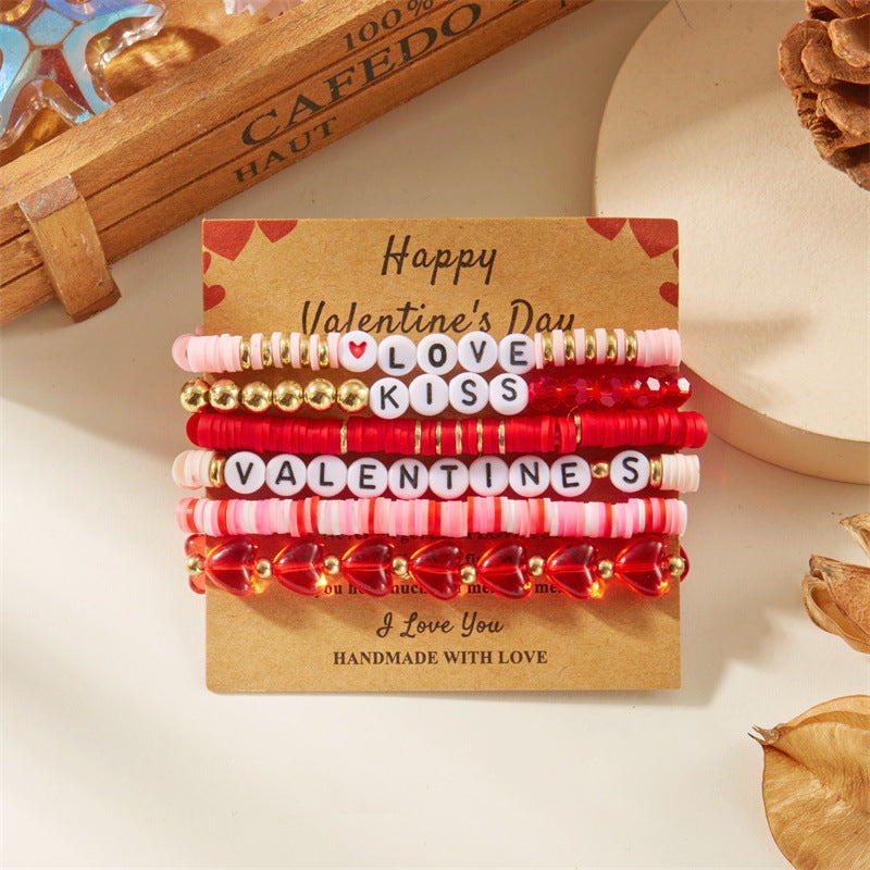 European And American Cross-border Valentine's Day Bracelet Multi-layer Stacked Wearing Pink Love Pendant Bracelet Soft Ceramic Beaded Elastic Hand Rope