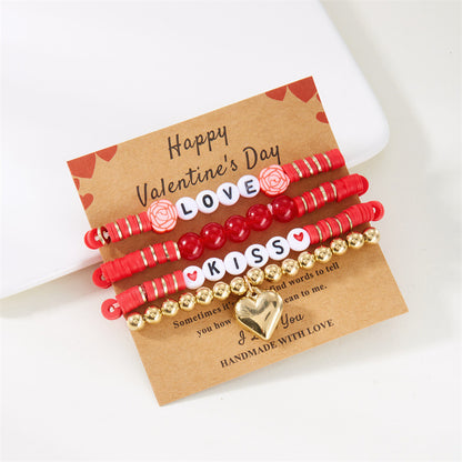 European And American Cross-border Valentine's Day Bracelet Multi-layer Stacked Wearing Pink Love Pendant Bracelet Soft Ceramic Beaded Elastic Hand Rope