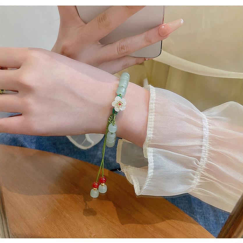 Shake Tone Same Style Hotan Yu Peach Blossom Bracelet Female Ins Niche Design Beaded Rope Strings Girlfriend Tanabata Gift