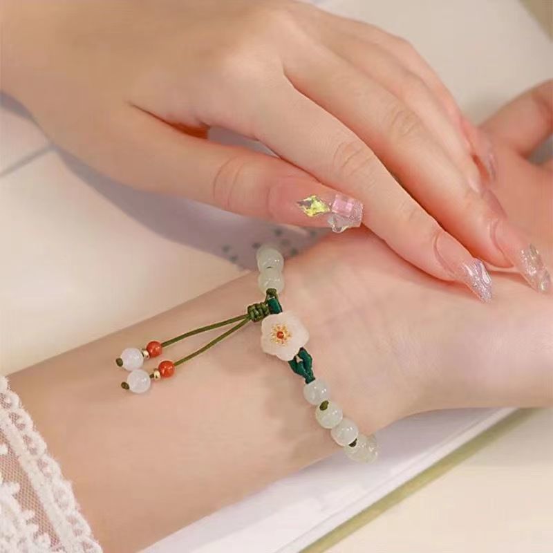 Shake Tone Same Style Hotan Yu Peach Blossom Bracelet Female Ins Niche Design Beaded Rope Strings Girlfriend Tanabata Gift