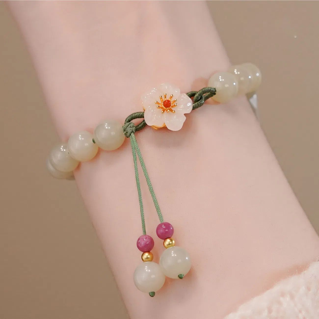 Shake Tone Same Style Hotan Yu Peach Blossom Bracelet Female Ins Niche Design Beaded Rope Strings Girlfriend Tanabata Gift