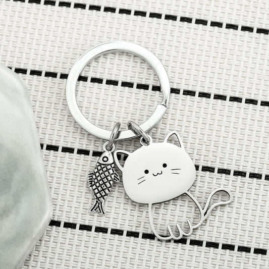 Cross-border New Cat Eating Fish Stainless Steel Pendant Key Chain Cute Cartoon Cat Pendant Couple Key Chain