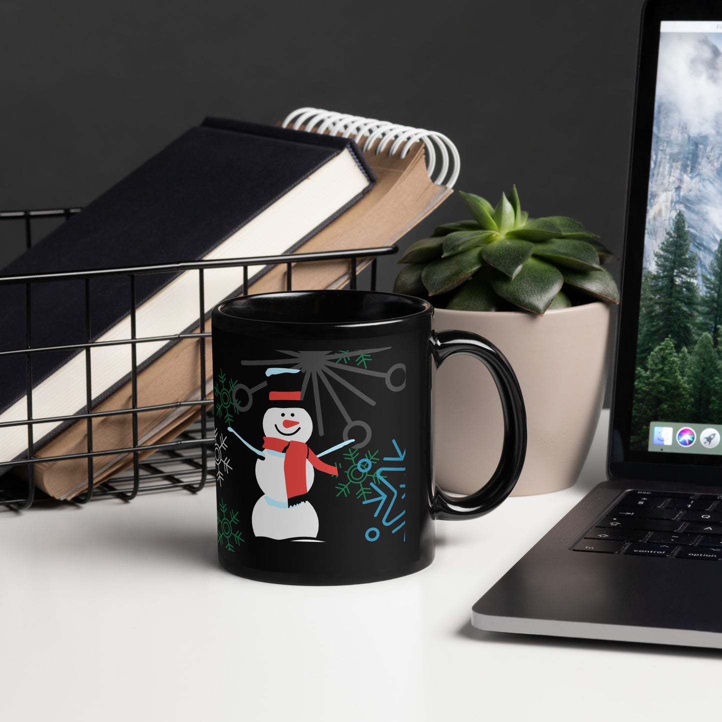 Snowman print, Black Glossy Mug